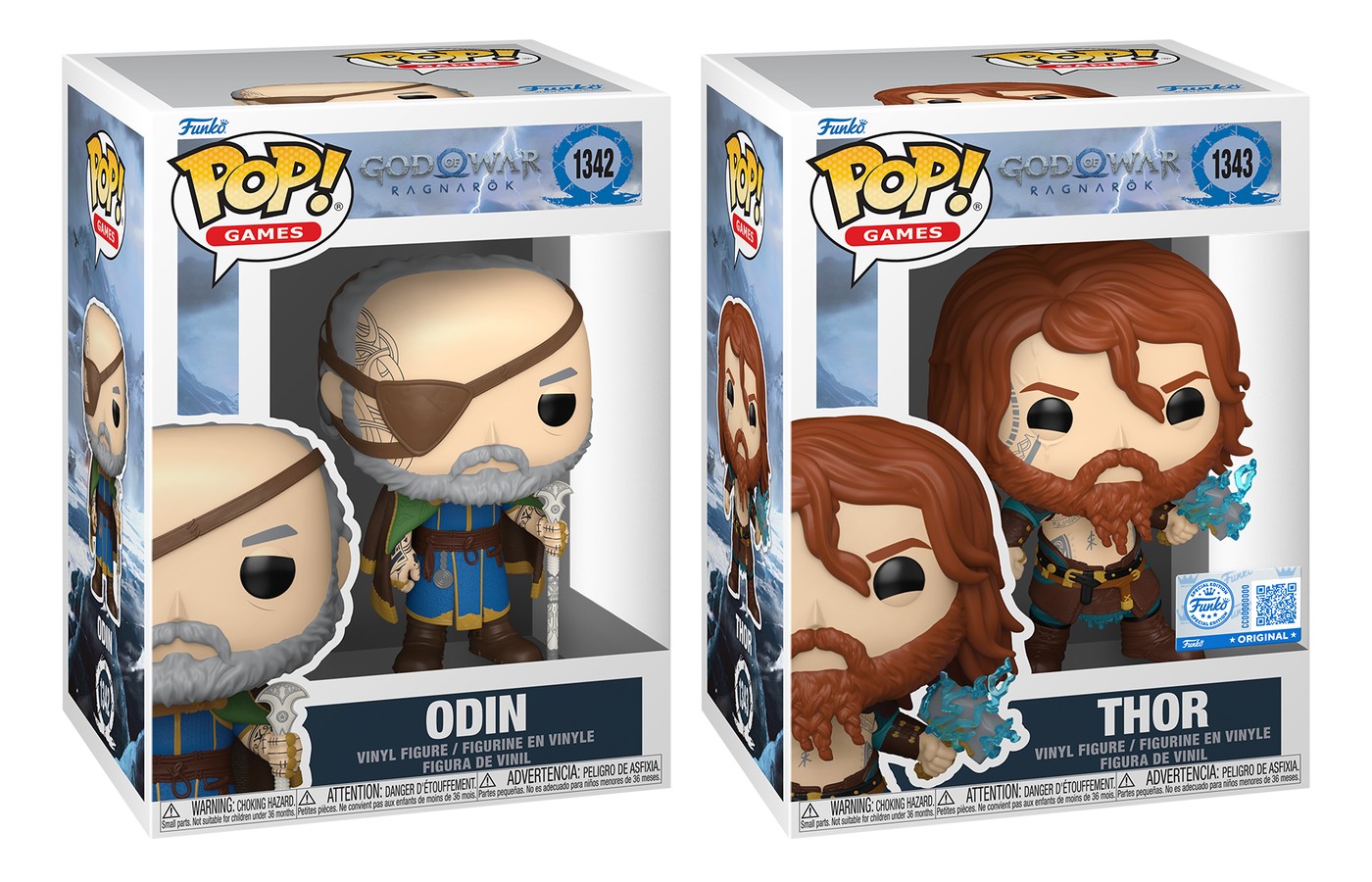 Cajas Funko Pop God of War Ragnarök Odín 1342 y Thor 1343 exclusivo con sticker sobre fondo blanco