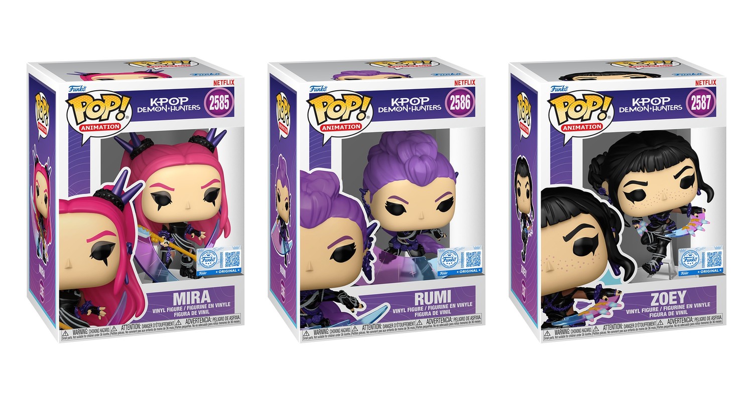 Cajas Funko Pop Mira 2585, Rumi 2586 y Zoey 2587 HUNTR/X look negro KPop Demon Hunters exclusivos