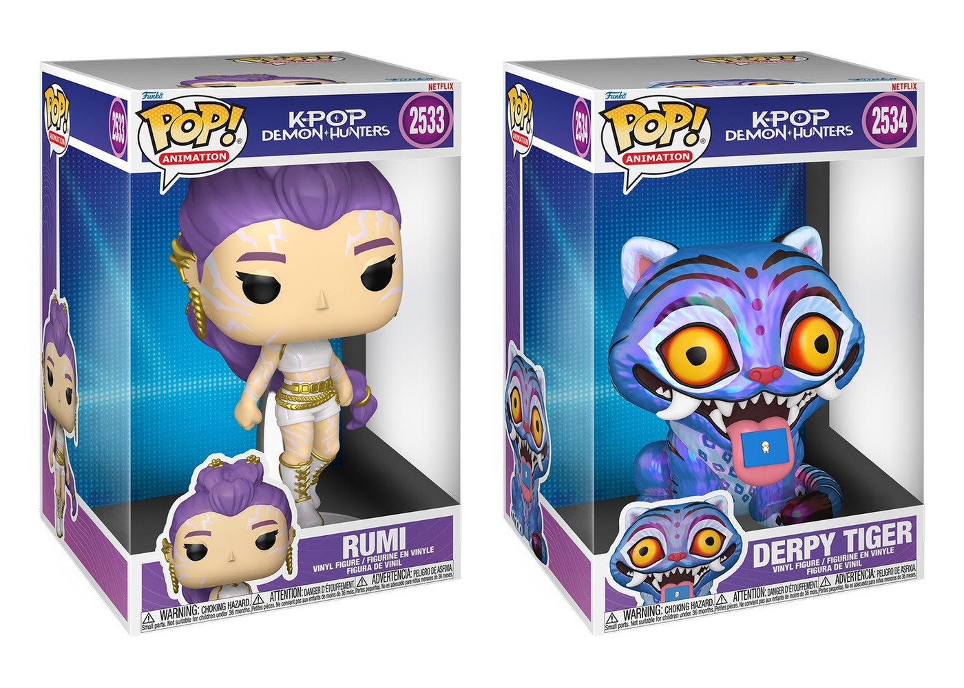 Cajas Funko Pop Jumbo KPop Demon Hunters Rumi #2533 y Derpy Tiger #2534 sobre fondo blanco