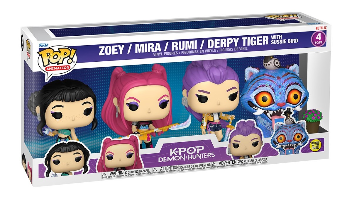 Caja Funko Pop HUNTR/X 4-Pack KPop Demon Hunters con Zoey, Mira, Rumi y Derpy Tiger glow