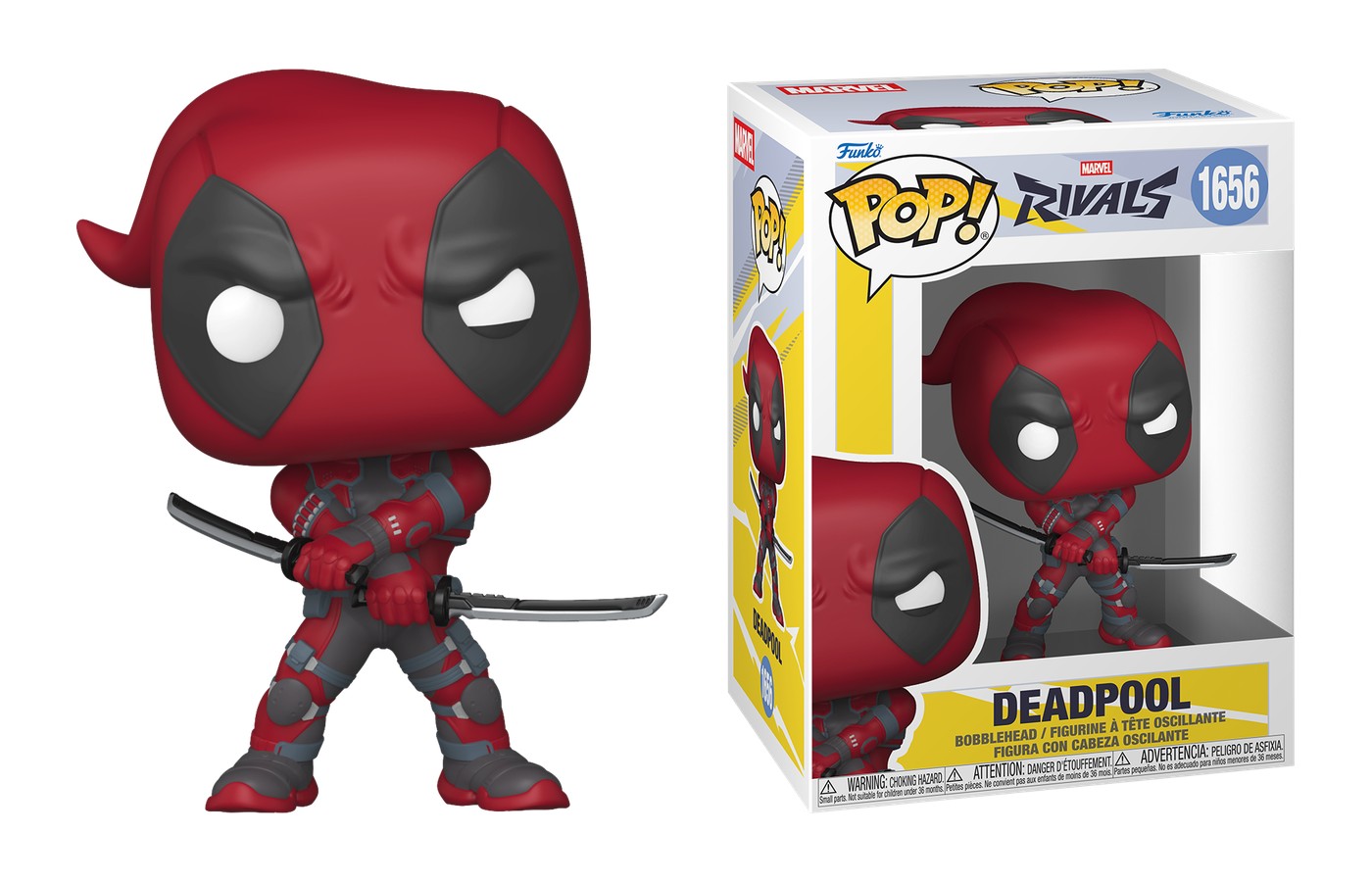 Funko Pop Deadpool 1656 de Marvel Rivals con dos katanas, figura y caja, fondo blanco Funko Pop Deadpool 1656 de Marvel Rivals con dos katanas, figura y caja, fondo blanco