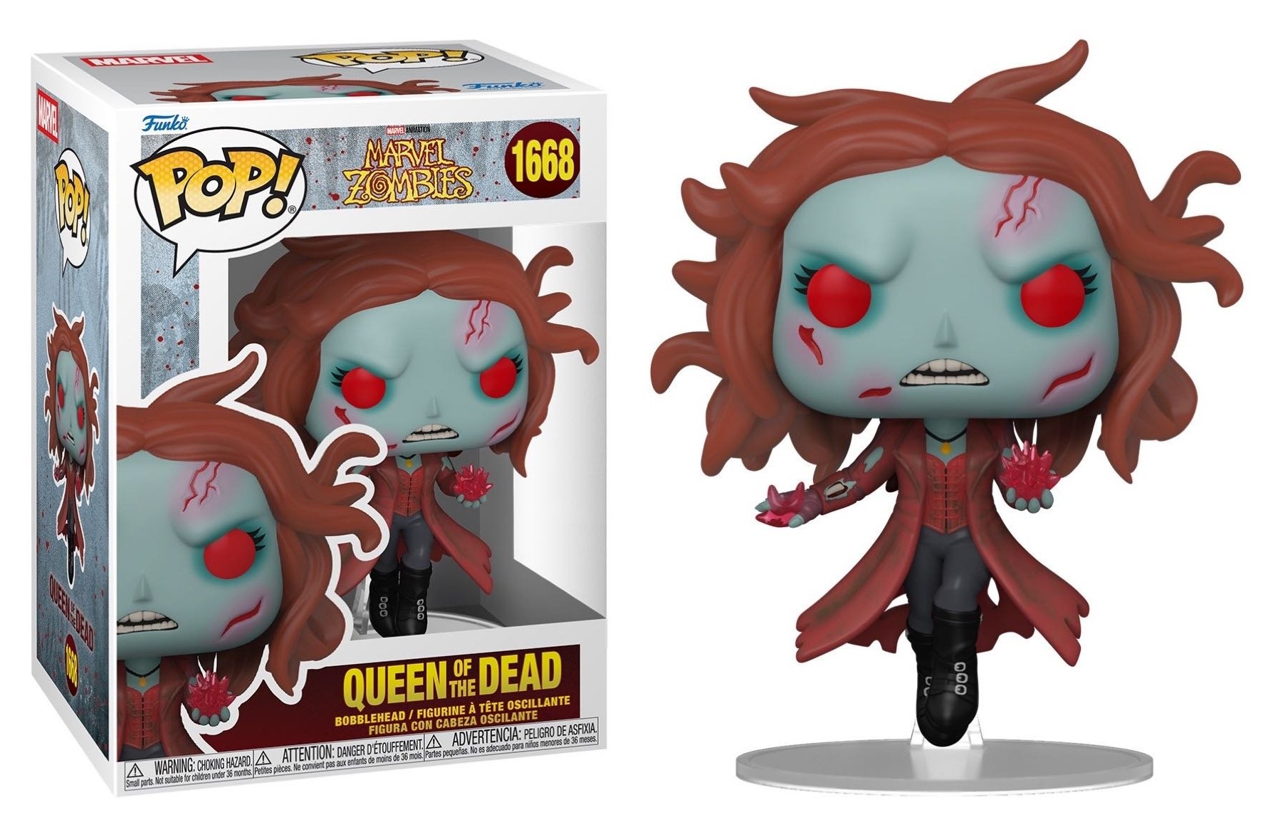 Funko Pop Queen of the Dead 1668 de Marvel Zombies, Wanda zombi dentro y fuera de la caja