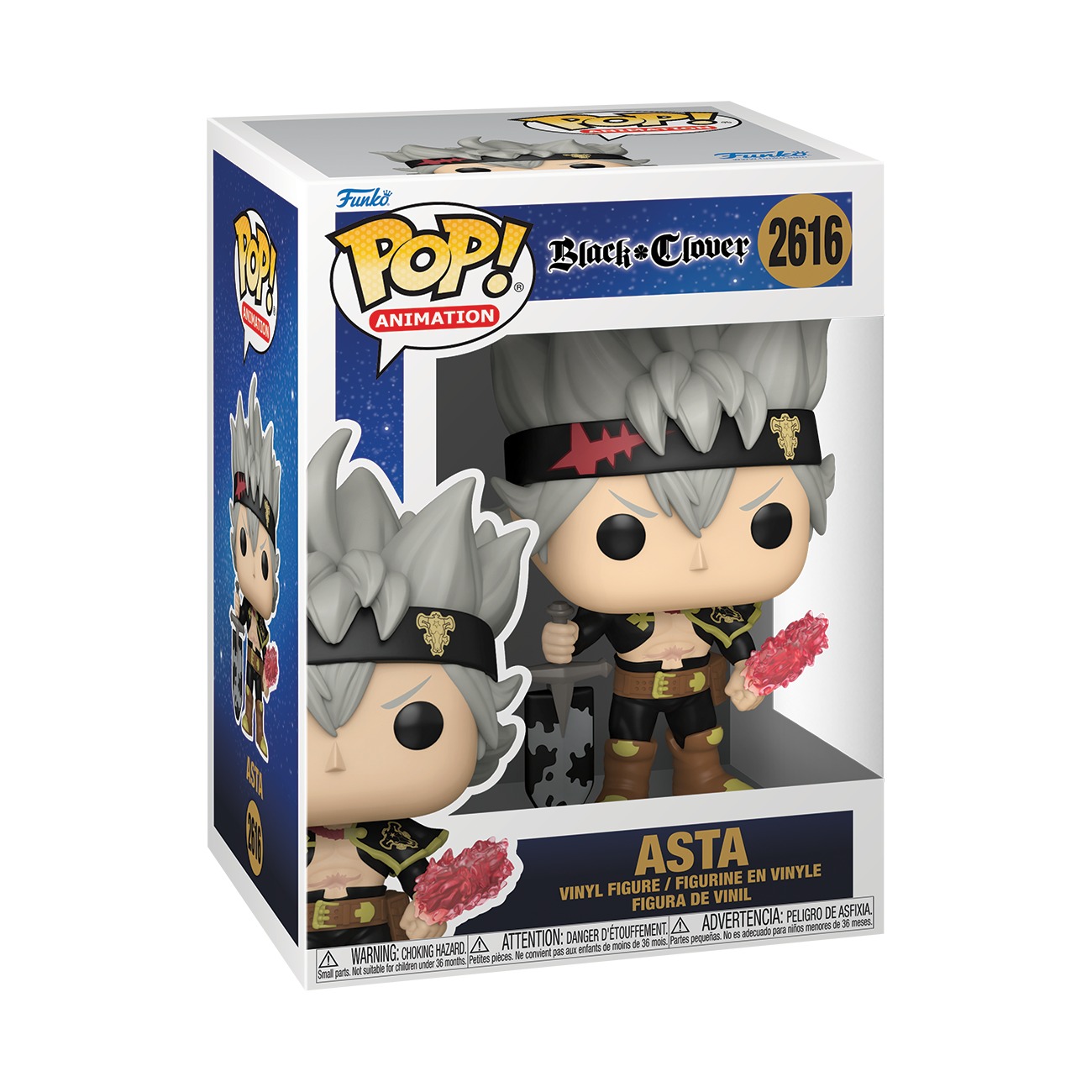 Funko Pop Asta with Devil Arm #2616 Black Clover en caja sobre fondo blanco Funko Pop Asta with Devil Arm #2616 Black Clover en caja sobre fondo blanco