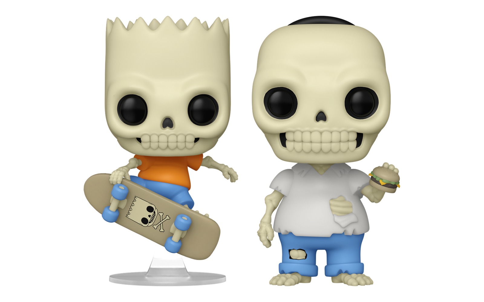 Funko Pop Skeleton Bart 1947 y Skeleton Homer 1948 de Los Simpson fuera de caja, Homero esqueleto con hamburguesa, fondo blanco