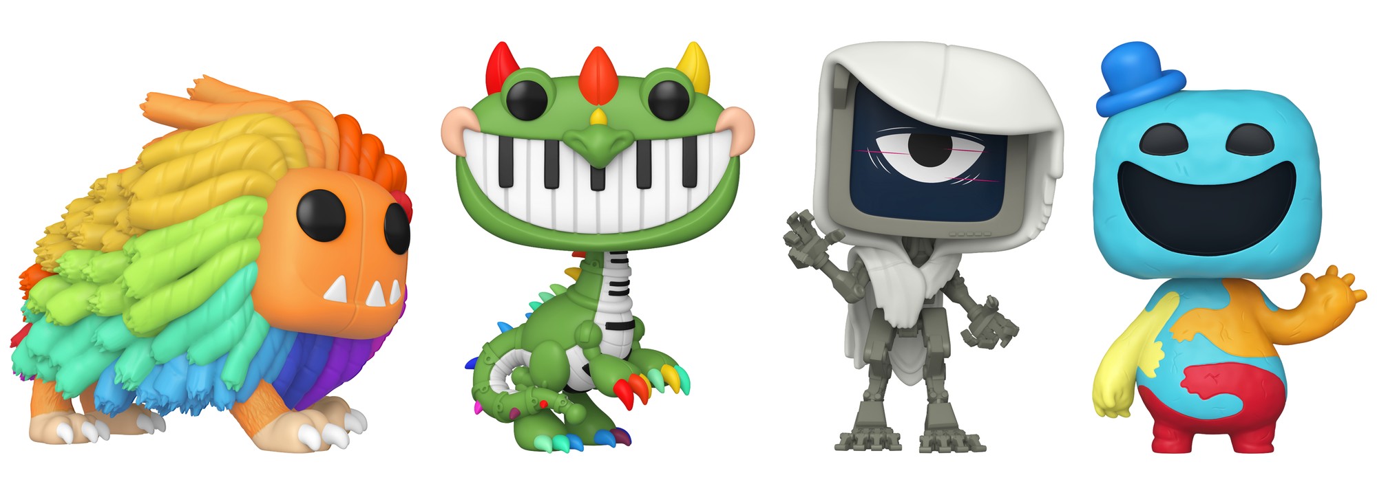 Funko Pop Poppy Playtime Serie 2: Yarnaby, Pianosaurus, The Doctor y Doey the Doughman fuera de caja, fondo blanco