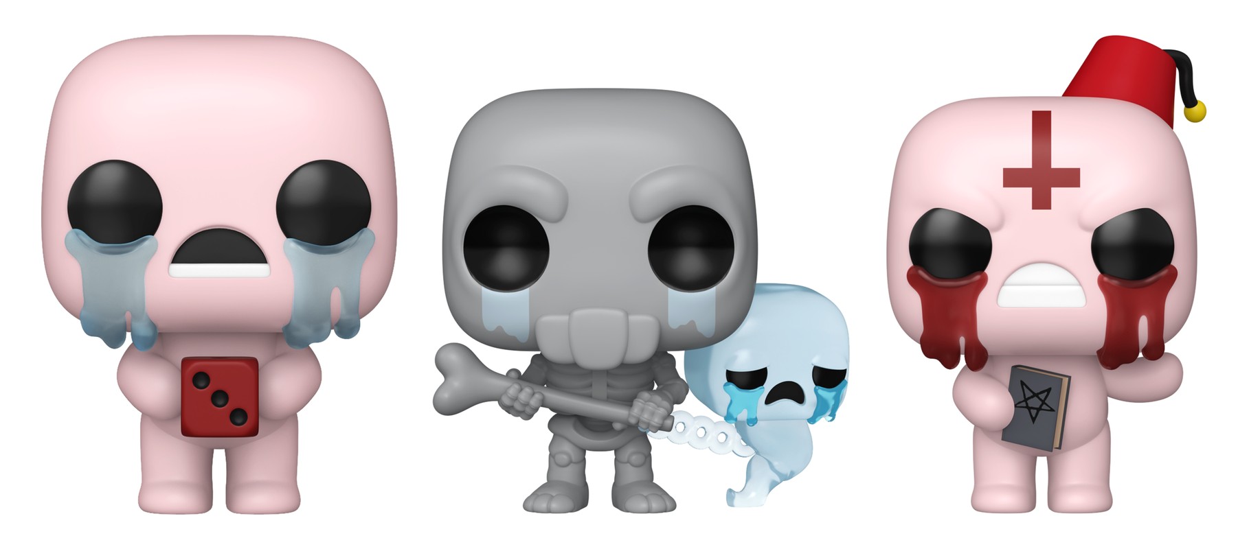 Funko Pop Isaac with D6 1178, The Forgotten 1338 y Judas 1337 de The Binding of Isaac juntos sobre fondo blanco